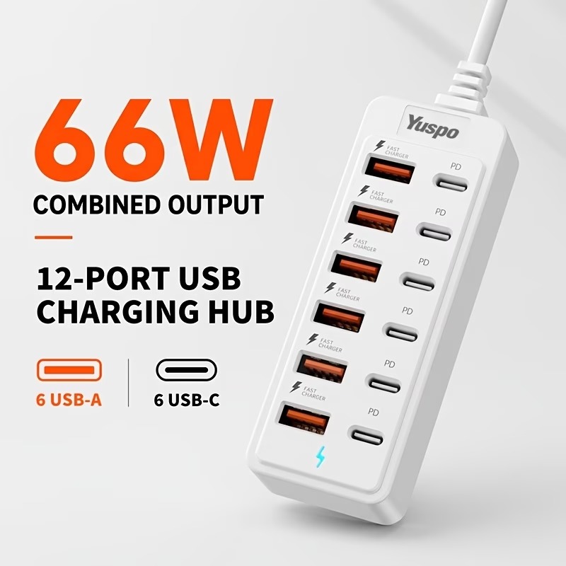 YUSPO USB charging hub, 6 USB-A + 6 USB-C ports, white