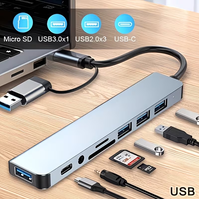 Док-станція USB / USB-C 8-в-2 з SD, microSD та аудіо 3,5 мм