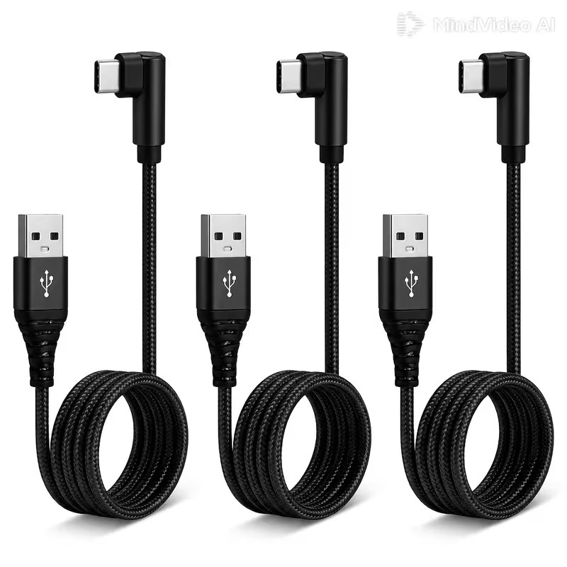 3-pack black USB-A to right-angle USB-C cables, 1 m
