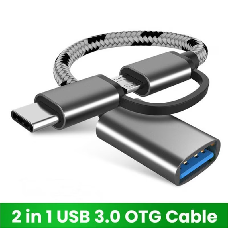 Кабель-адаптер OTG 2-в-1 USB-C / Micro USB — USB-A, сірий