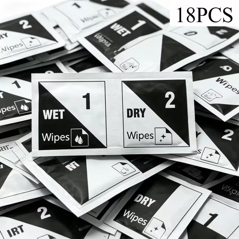 Wet & Dry screen-cleaning wipes, 6 × 6 cm, 18 pcs