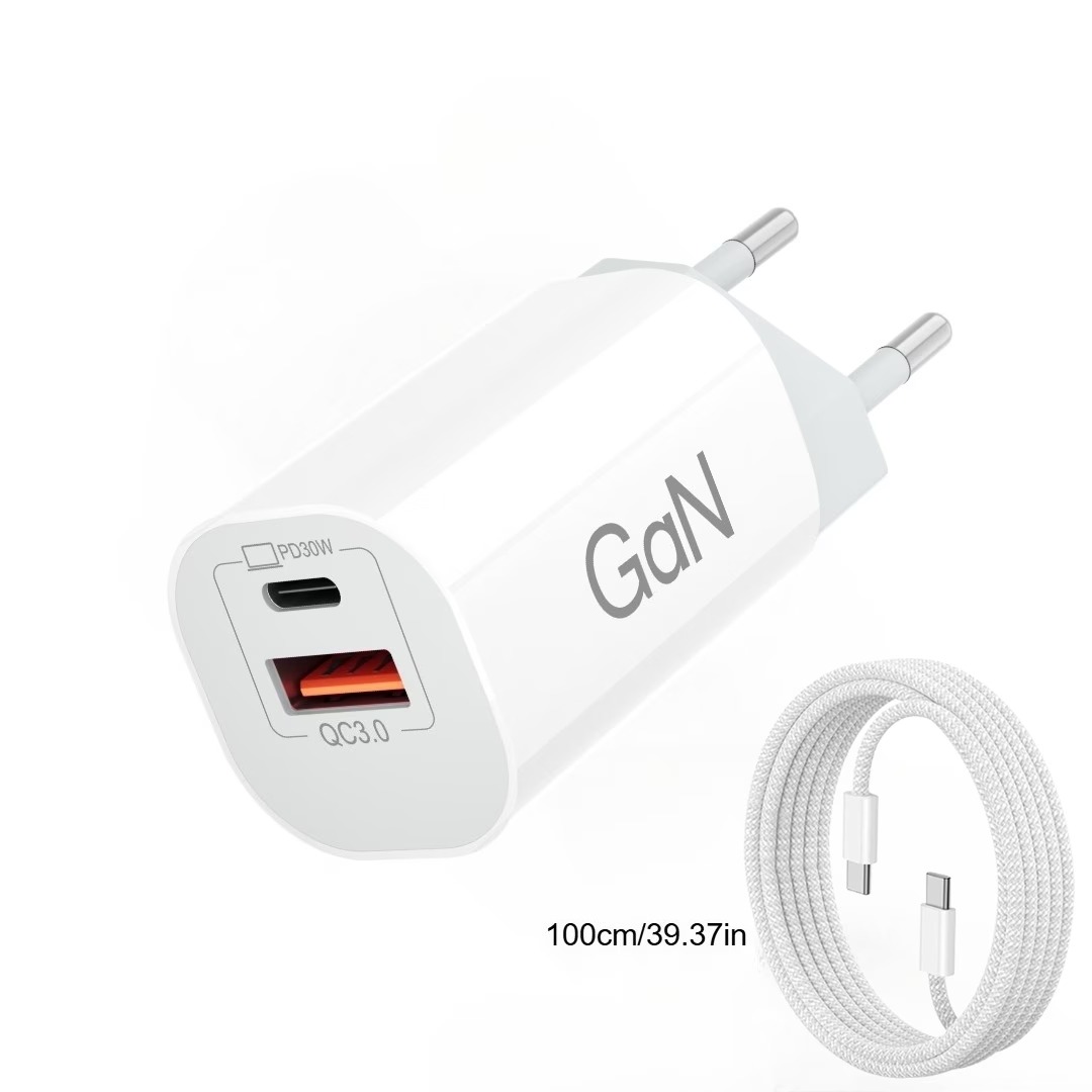 Зарядное устройство GaN 30 Вт USB-A / USB-C с кабелем USB-C 1 м, белое, EU