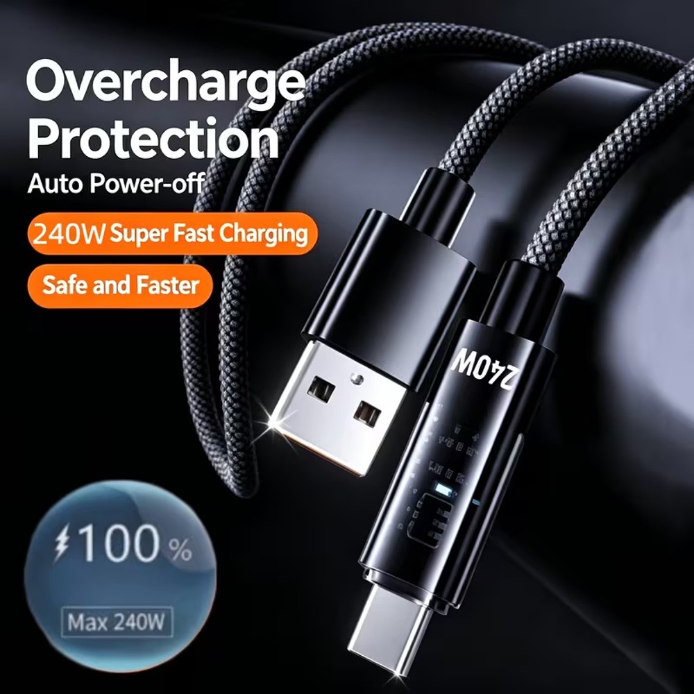 Плетений кабель USB-A — USB-C з прозорими корпусами роз’ємів, 1 м, чорний