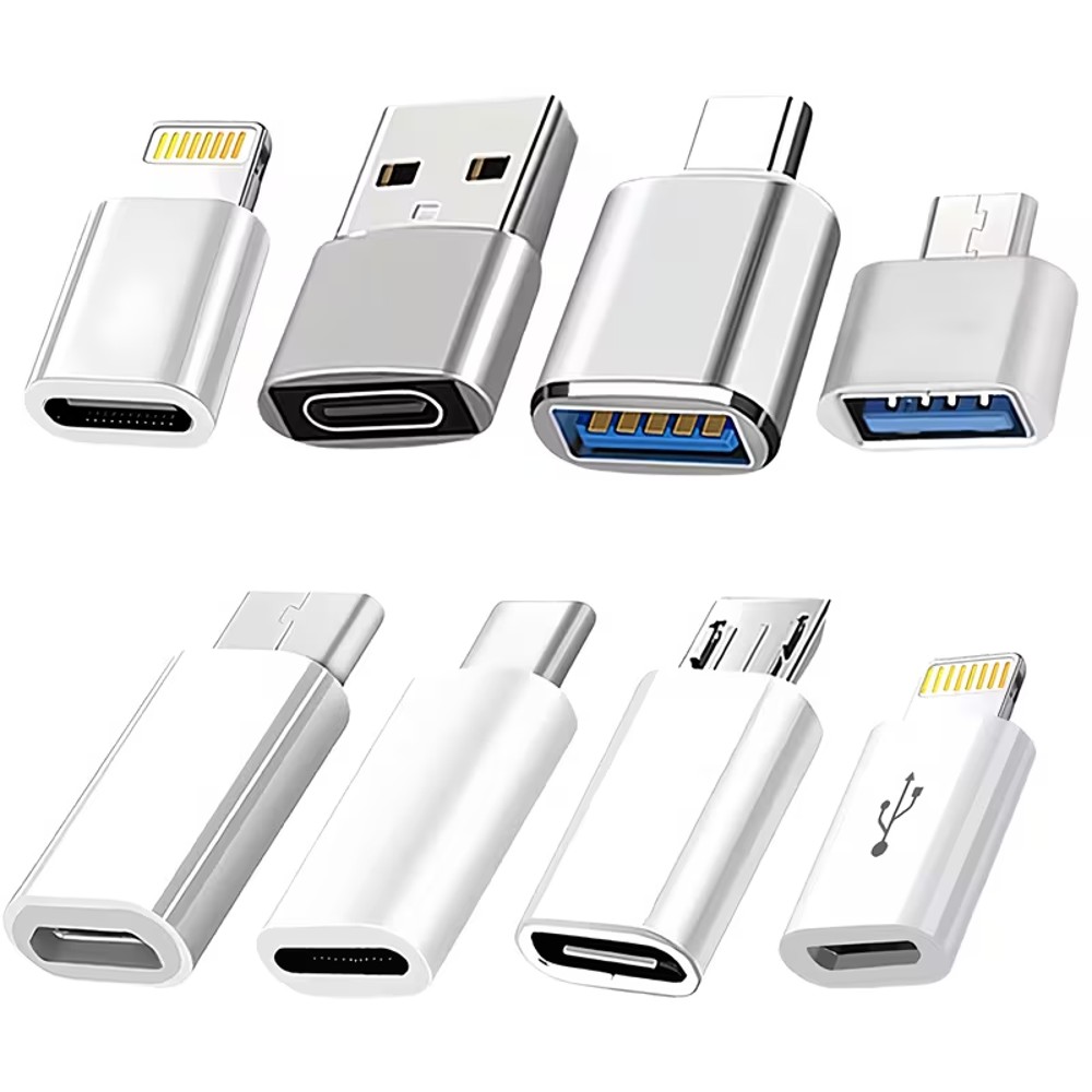 USB-A, USB-C, Micro-USB and Lightning adapter set, 8 pieces, silver