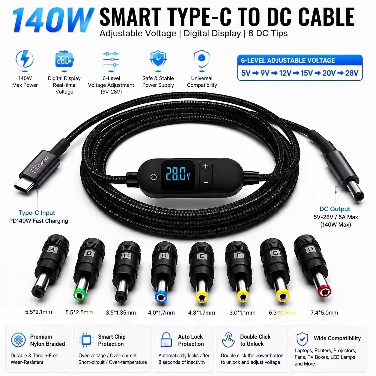 USB-C PD to DC 5–28 V trigger cable with display, 1.5 m, 8 tips